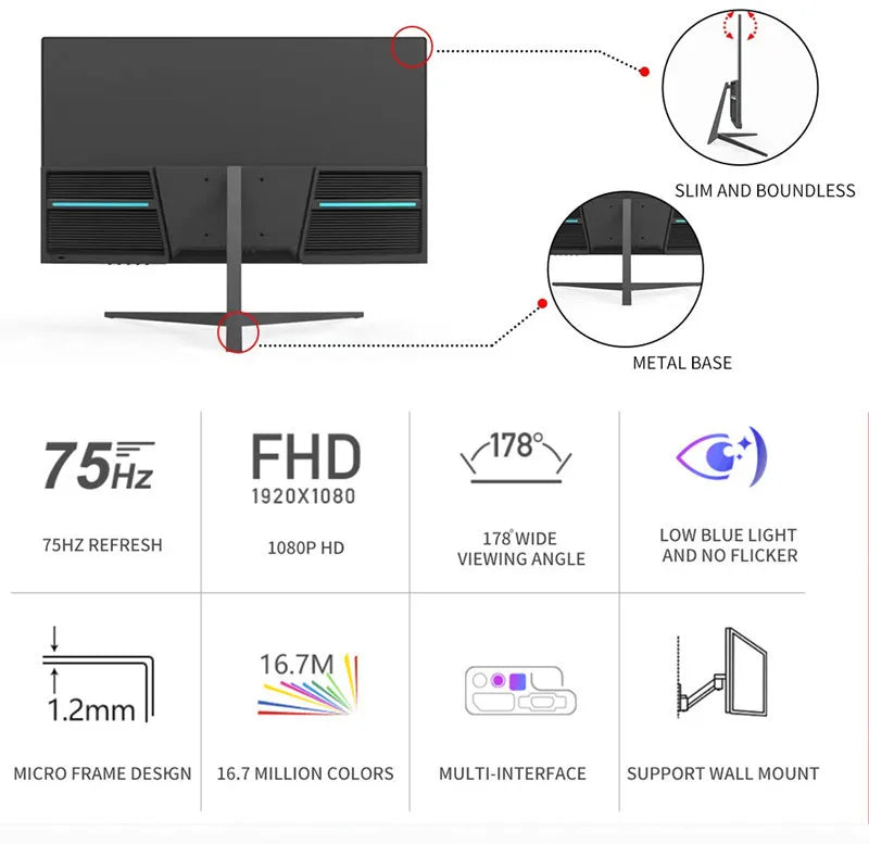 24” Frameless HD Monitor – Ultra-Clear Display for Work & Gaming